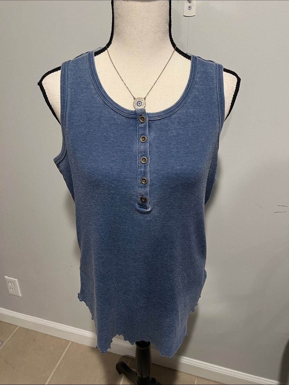 Washed Blue Ribbed Henley Tank Top - Women's Sleeveless Knit - Picture 4 of 10